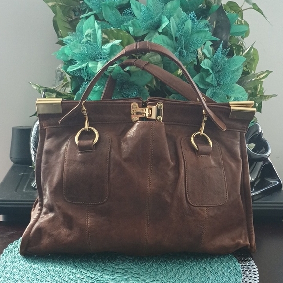 BULGA Brown Leather Satchel with Gold Accents - Picture 1 of 6